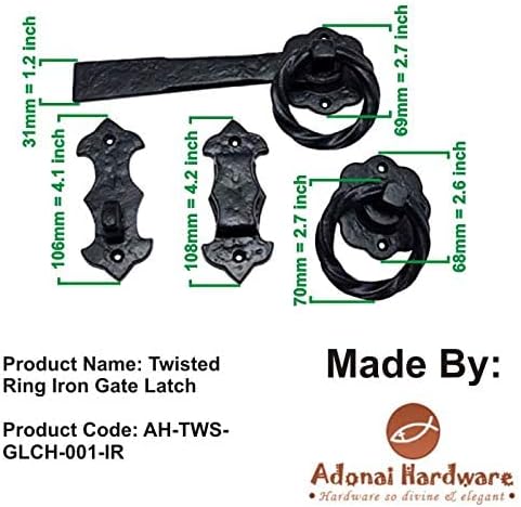 Adonai Hardware "Adriel Wrought Iron Twisted Ring Gate Latch for Vintage Wooden Barn Doors, Gates, Closets, Furniture, Drawers, Cupboards, Wardrobes and Sheds - Black Powder Coated