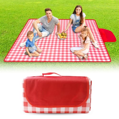 Picknickdecke Wasserdicht Stranddecke Picknickdecken Picknickmatte Rot Weiß Kariert Piknik Decke Campingdecke mit Tragegriff Picnic Blanket Camping Pad Strandmatte Stranddeck Große Strand Decke