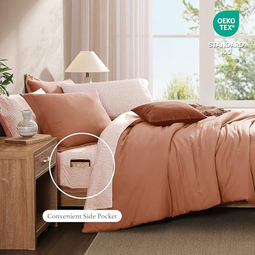 Image of Monbix Full Size Comforter Sets-7 Pieces Soft Bed in a Bag Full Bedding Set | All SeasonAutumn Leaf Prewashed Comforter Bed Set with Striped Sheets, Pillowcases & Shams