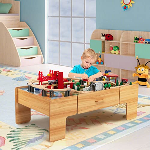 Image of Costzon 2-in-1 Wooden Train Table with Storage Drawer | Kids Activity Table w / 100 Pieces Railway, Track, Cars, City, DIY Design, Reversible Tabletop, Gift for Boys Girls