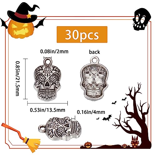 SUNNYCLUE 1 Box 30Pcs Skull Charms Halloween Skeleton Head Charm Tibetan Style Antique Silver Flower Pattern Gothic Skull Metal Alloy Charms for jewellery Making Charm DIY Earrings Bracelets Supplies - Image 2