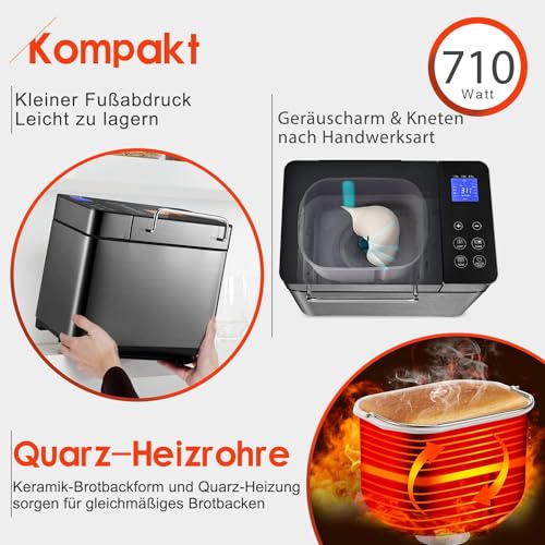 KEEPEEZ 2LB Brotbackautomat, Quarz Schnellheizer Brotbackautomaten Edelstahl with Keramik-Pfannen, 17-in-1 Brotbackmaschine with Auto Nut Dispenser, 2 Paddles, 3 Brotgrößen and 3 Backfarben,Glutenfrei – Bild 6