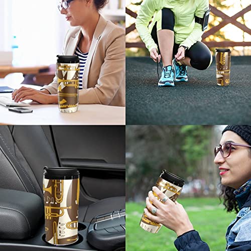 Vaso de viaje de instrumento de viento Taza de café de plástico con tapa doble pared aislada con diseño patrón de… - Imagen 6