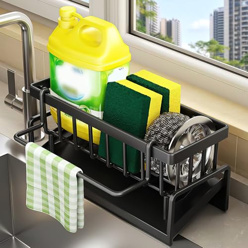 MIHURO Spülbecken Organizer Küchen Organizer Spüle Edelstahl mit Selbstentleerender Ablaufwanne, Sink Organizer für Schwämme Handtücher Geschirrtücher Bürsten,Organizer für Küche und Badezimmer