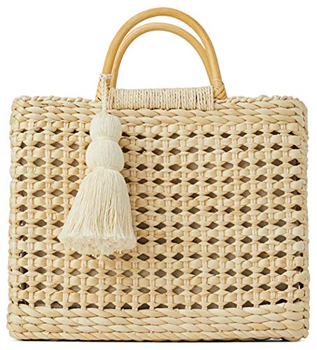 Bolso de paja estilo saco para mujer con asa de bambú miniatura 1