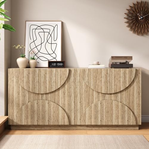 vutizal Sideboard Wohnzimmer mit Holzoptik & Bogenfronten, Aufbewahrungsschrank mit Federzug-Türen & Regalen, Esszimmer Sideboard, 160x40x80 cm