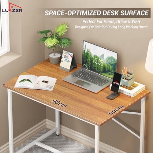 Image of Lukzer Metal & Engineered Wood Study Table for Home & Office | MST-008 /White & Oak Brown | Laptop & Computer Workstation Desk | Sturdy Writing Table for Students & WFH | Spacious Tabletop (90x60x75cm)