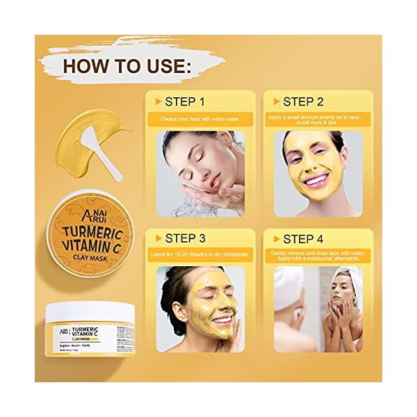 ANAIRUI-Turmeric-Vitamin-C-Clay-Mask-for-Acne-and-Dark-Spots-Vitamin-C-E-Clay-Facial-Mask-for-Blackheads-Pores-Wrinkles-Fine-Lines-Hydrating-Clarifying-Cleansing-Skincare-Mask-423-OZ ANAI RUI Turmeric Vitamin C Clay Mask, Vitamin C Clay Facial Mask for Blackheads, Pores, Wrinkles, Fine Lines, Hydrating, Clarifying, Cleansing, 4.23 OZ