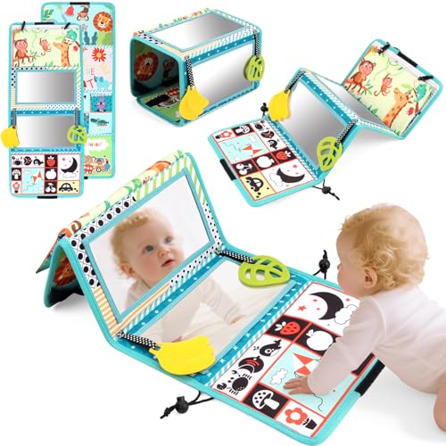 Joyfia Tummy Time Baby Mirror Toys Baby Toys 0-6 Months Floor Mirror with Crinkle Cloth Book & Teethers Double-sided Black and White High Contrast Toy Infant Sensory Toys for Newborn 0-12 Months