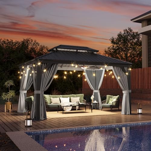 Image of Aoxun 10' X 14' Hardtop Gazebo with Drainage System, Aluminum Outdoor Gazebo with Galvanized Steel Double Roof, Patio Permanent Metal Pavilion with Netting, for Garden, Deck, Pool, Grey