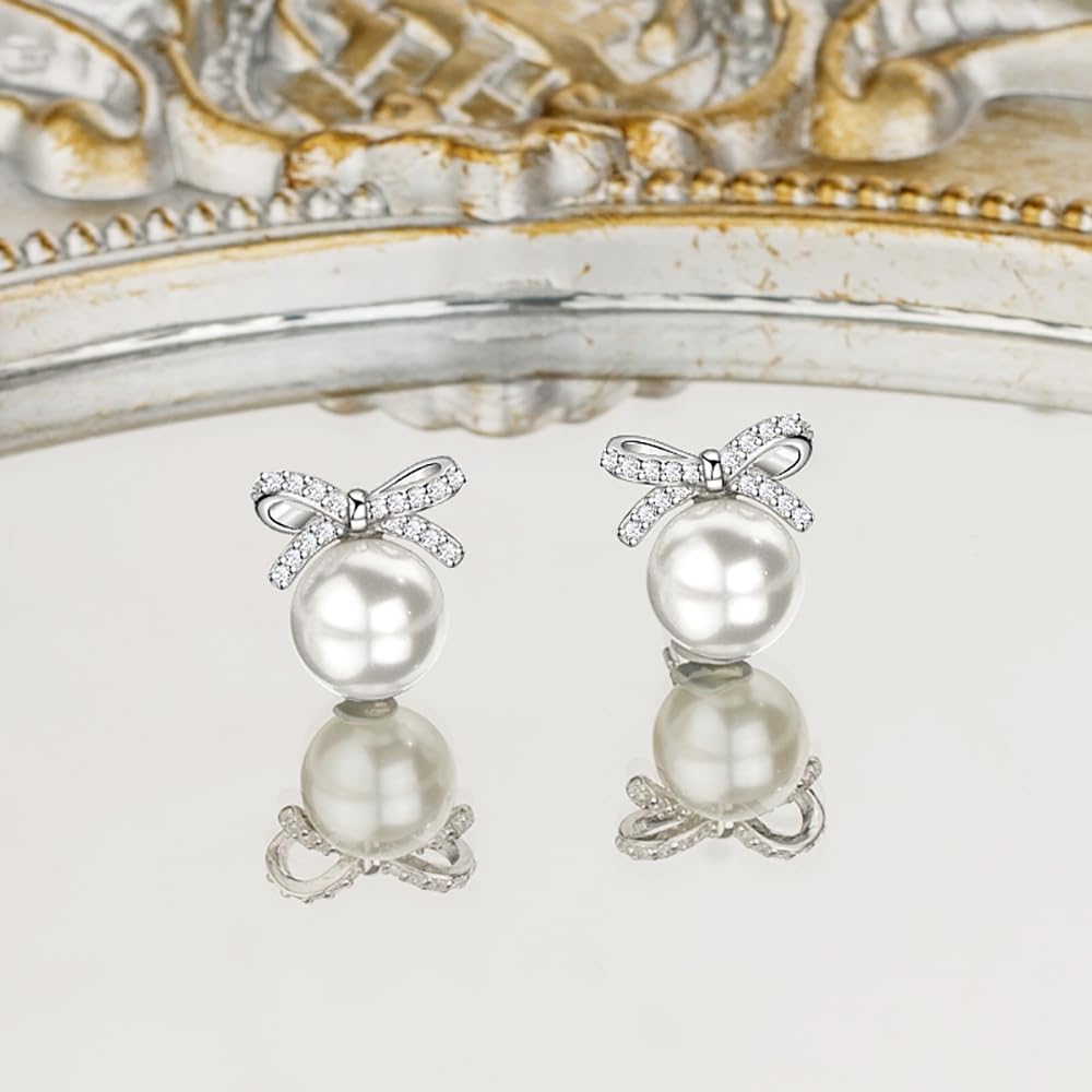 Kokoma Pearl Bow Stud Earrings for Women 925 Sterling Silver Cubic Zirconia Bow Knot Ribbon Tiny Studs Wedding Earrings Christmas Ear Jewelry Gifts - Image 4