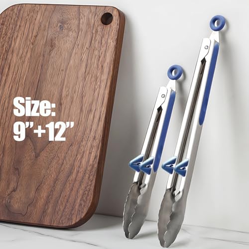Kitchen Grilling Tongs 9\"+12”, 2Pcs Stainless Steel Tong for Cooking with Stand, Food Grade Small Serving Tong for Barbecue Salad, Blue