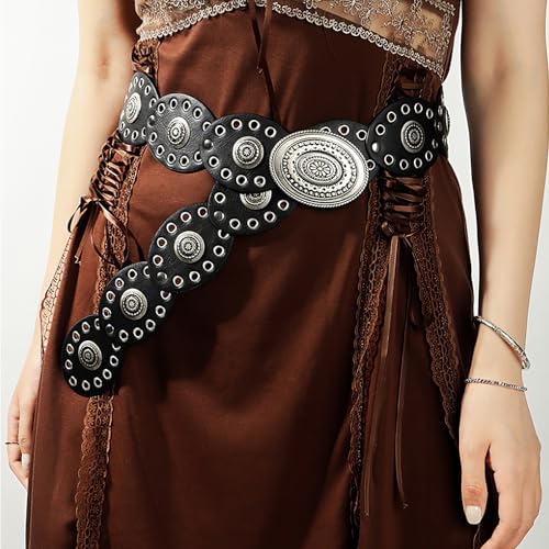 WHIPPY Women Disc Concho Leather Belt Western Cowgirl Hollow Belt Vintage Boho Oval Waist Belt for Music Festival Dress Jeans2