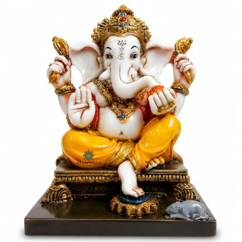 Image of Handcrafted Lord Ganesh Idol | Ganesha Statue for Home Temple, Pooja Room, Office Decor | Gold Painted Hindu God Figurine | Diwali, Housewarming & Wedding Gift (8 Inch, Marble Dust)