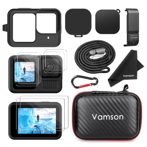 Vamson Capa de silicone para Go Pro Hero 13 preta, estojo de armazenamento, capa lateral da bateria, protetores de tela, tampas de lente e cordão para kit de acessórios Go Pro Hero 13 preto - preta