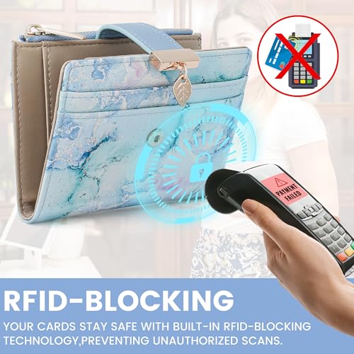 Image of Pomelo Best Wallet Women Bifold Leather Wallets for Women Credit Card Holder with ID Window Zipper Coin Pocket Cyan