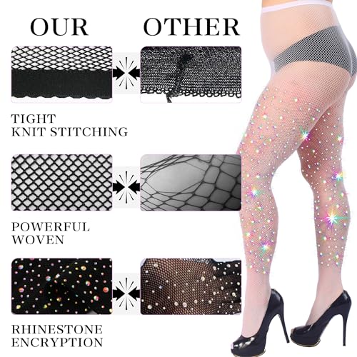 Image of HONENNA Queen Plus Size 10X Strong Rhinestone Fishnet Stockings, Ultra Sparkly High Waist Tights for Women, Party Concert