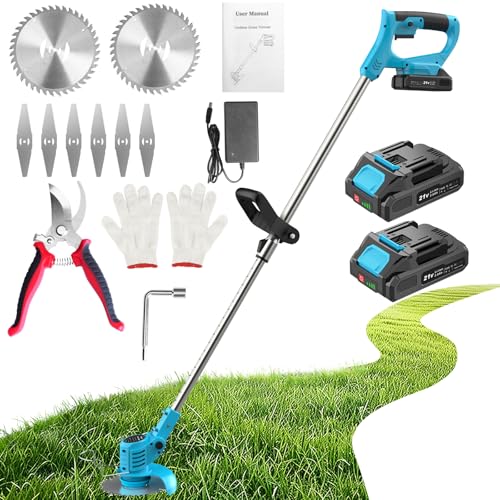 Cordless Strimmer 21V Grass Strimmer Electric with 2 Batteries 2.0Ah 2 Types Metal Blades Garden Trimmer Pruning Shears Adjustable Pole Brush Cutter for Garden and Yard Lawn Blue
