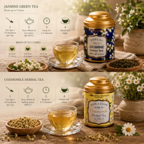 Image of Sancha Tea Boutique, Tea Combo Pack: Chamomile Caffeine Free Herbal (50g) & Imported Jasmine Green Leaves (100g), Detox & Calming Tisane