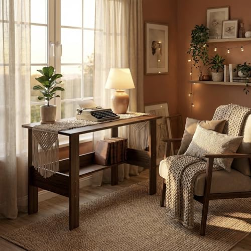 Image of Linea Study Desk with Lower Storage Shelf, Compact Writing Table & Laptop Station for Home Office and Students, 90x50x75cm (Oak Brown)