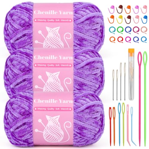 Image of LUNARM Chenille Yarn for Crochet Knitting Chunky Blanket Velvet Yarn | 3 Pack 3.5oz /100g 486 Yard Light Purple Chenille Yarn for Beginners Knitting Scarves with Big Eye Needles Machine Washable
