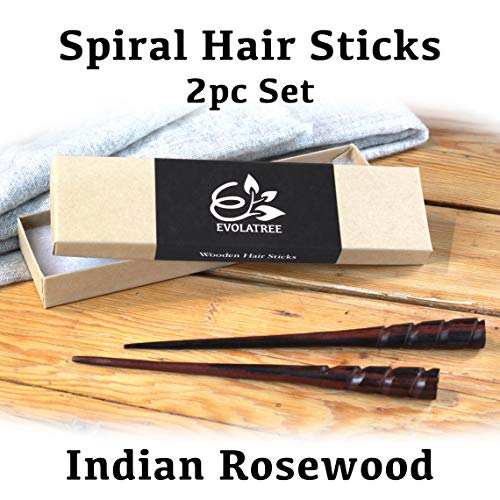 Natural Hair Pin Chopsticks - Pair of Spiral Hair Sticks for Women and Men - Hand Carved Wood Styling Pin Set - Wide Cut Spiral - 7.5 Inches - Thumbnail 2
