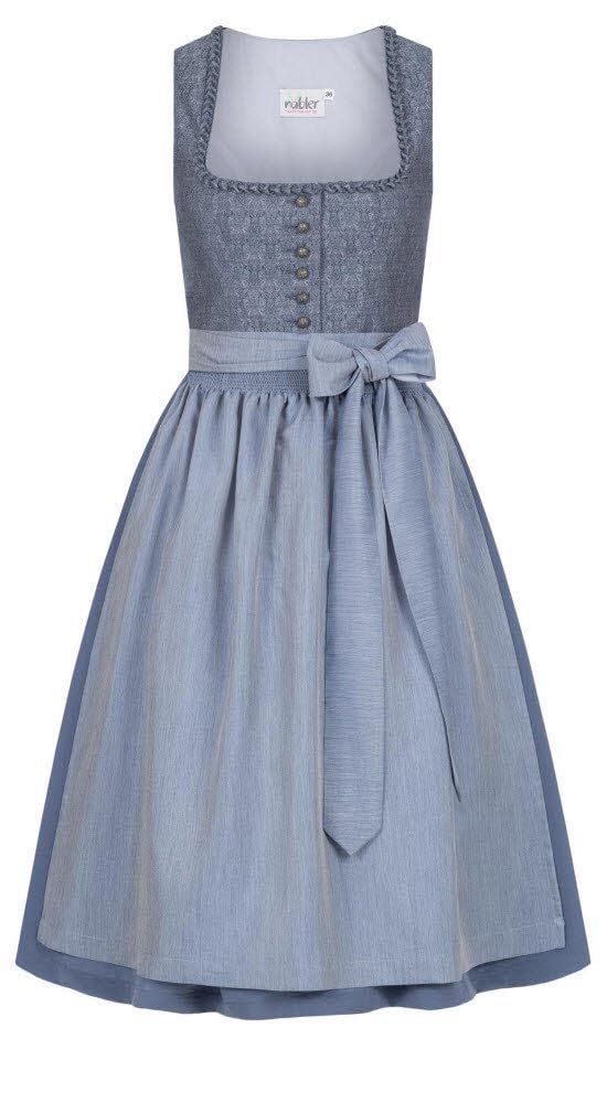 Nübler Dirndl midi Damen - 2 teilig inkl. Kleid und Dirndl Schürze im Landhausstil, Rocklänge 70cm - Moderne bayrische Tracht, ELSA Rauchblau
