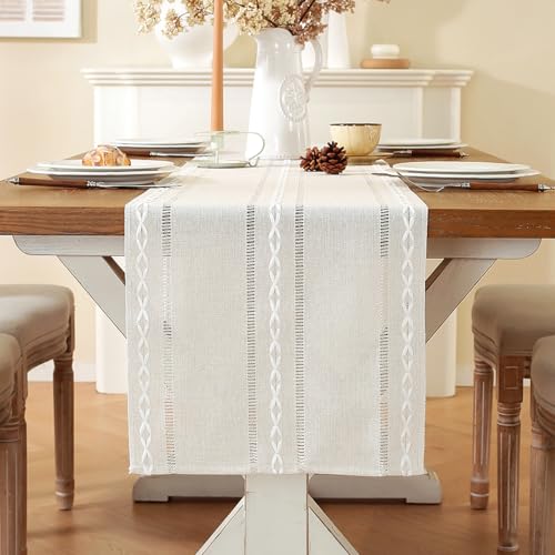 Chemin de Table Bohème Blanc Crème Champetre 33x120 cm Beige Rectangulaire Chemin de Table de Coton Moderne Cheminee Décoration pour Bapteme Communion...