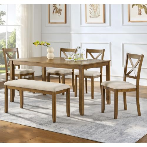 Image of Harper & Bright Designs Complete 6-Piece Oak Dining Set -58.5 inch Rectangular Table + 4 X-Back Chairs + Upholstered Bench,Solid Rubberwood Frame,Farmhouse Style,Seats 6
