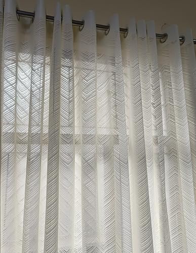 Image of Net Curtains Semi Transparent Sheer Curtain /Zigzag Pattern Door Curtain 7 Feet Long Set of 2 Pcs, Window, Long Door, Living Room Parde, Cream Color