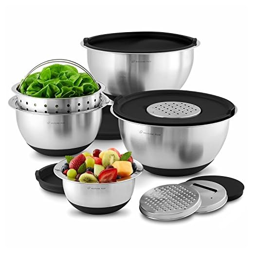 Wolfgang Puck 12-Piece Stainless Steel Mixing Bowl Set, Silicone Grip Bottom, Multifunction Lid with 3 Interchangeable Blades, Oven Safe, Easy-Store Nesting Design, Colander, 4 Bowls with Lids