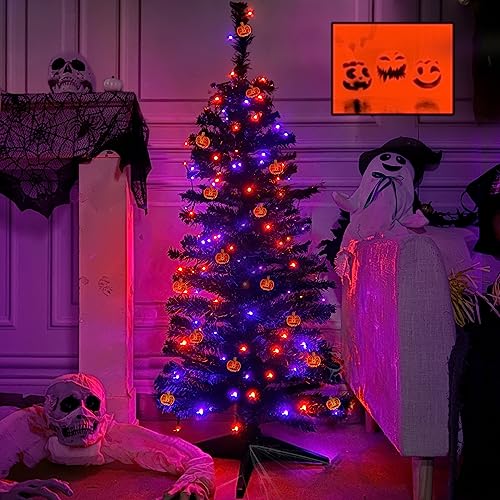 4 Ft Lighted Artificial Halloween Tree With Timer Diy 80Led Orange Purple Lights 25 Pumpkins Jack-O-Lantern Battery Operated Black Christmas Tree Halloween Decorations Indoor Outdoor Home Party Decor #TOP5