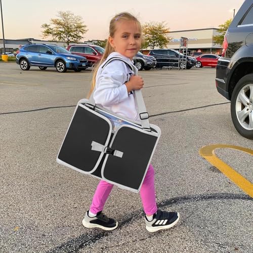 Image of MENZOKE Kids Travel Tray for Car Seat, Road Trip Essential Kids Lap Tray | Toddler Gift for Boy Activities with Dry Erase Board, No-Drop iPad Holder Stand, Cooler Cup Holder & Adjustable Strap, Black