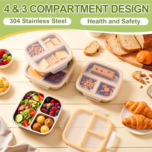 Yiyiring 6 Pack Stainless Steel Snack Containers with Lids 3-compartment Reusable Bento Lunch Boxes Leakproof Metal Food Storage Containers Meal Prep for Work Travel Dishwasher Safe (Yellow) by Yiyiring - Image 4