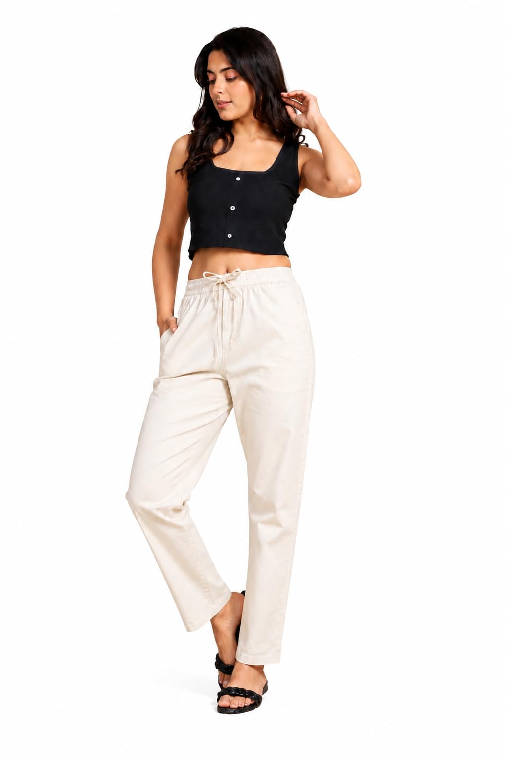 thumba enterprise THUMBA Women's Cotton Linen Wide Leg Pants | Elastic Waist Relaxed Fit Trousers | Breathable Summer Palazzo Pant with Pockets| Casual Office Travel Wear-picture-29