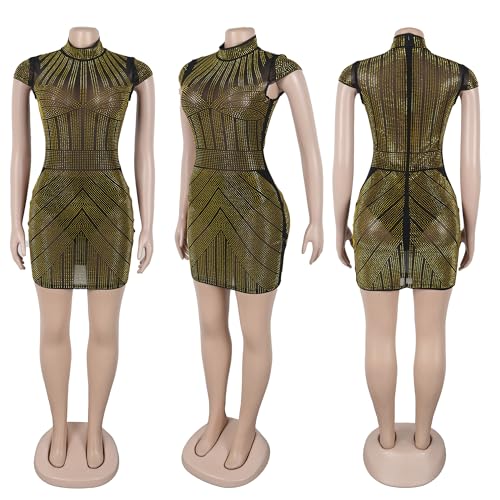 Image of Jigfar Women's Sexy Rhinestone Sheer Mesh See Through Bodycon Dress Birthday Party Club Night Outfits