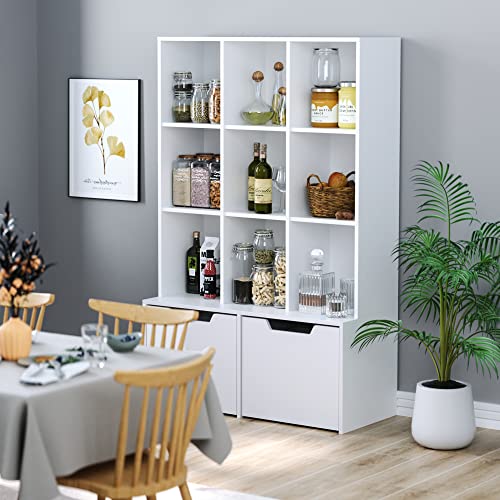 Hifit Cube Bookshelf, 55.1" H Bookcase Storage Cabinet Wooden With 9 Compartments And 2 Large Drawers For Home Office Living Room, White 1Pcs #TOP2