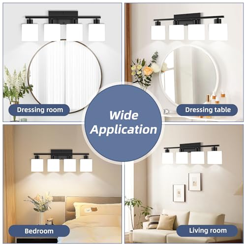 Image of SILAMPDI Black Bathroom Light Fixtures Over Mirror, 4-Light Vanity Lights for Bathroom, Modern Wall Sconces Lighting for Bedroom Living Room, Milky White Glass Shades, E26 Base, Bulbs Not Included