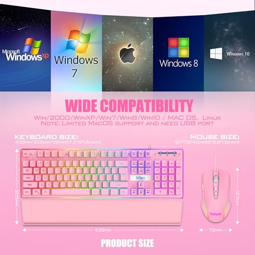 Image of RedThunder K10 Wired Gaming Keyboard and Mouse and Wrist Rest Combo, RGB Backlit, Mechanical Feel Anti-ghosting Keyboard + 7D 7200 DPI Mice+Soft Leather Wrist Rest 3 in 1 PC Gamer Accessories(Pink)