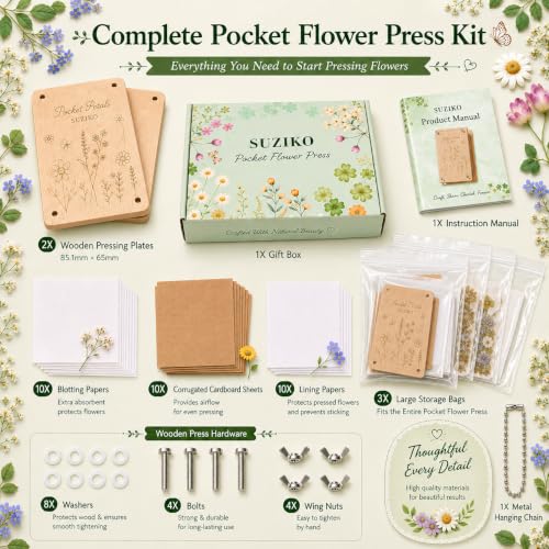 Suziko Pocket Flower Press Kit, Mini Wooden Flower Press for Pressed Flowers and Leaves, Portable Plant Preservation Kit with 10 Drying Boards, 10 Blotting Papers, Gift for Nature Lovers - Image 2