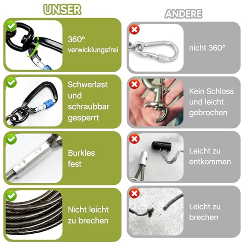 Furggis Tie-Out Leinen für Hunde,6m Lederleine Hund,1000lbs Bruchfestigkeit, 5mm 360°-Drehgelenk-Clips,Hochbelastbar Hofleine für große Hunde, Reflektierend Tie Out Leine für Hundeauslauf