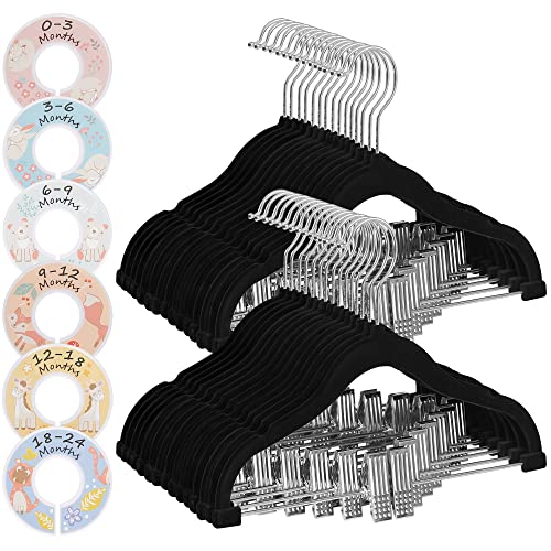 Image of SONGMICS 30 Packs Baby Pants Hangers with Clips, Kids Hangers with 6 Clothes Dividers, Non-Slip Children’s Clothes Hanger, Black UCRF013B30