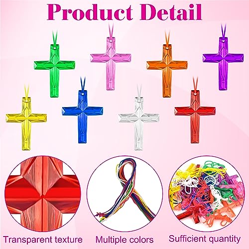 Mototo 72/240 PCS Christian Crystal Cross Necklace Plastic Cross Necklace Church Welcome DIY Crafts Christian Gift Bulk Religious Party Favors for Bible Sunday School Easter, 8 Colors3