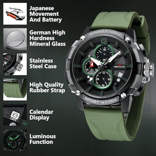 Image of MEGALITH Heavy Duty Watches for Men: Sport Military Analog Wrist Watch | 1 /10 Sec Chronograph, Large Face, Silicone, Waterproof Luminous, Black Everyday Watch, Work Outdoor,Gifts for Husband Father