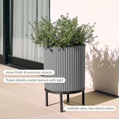 Image of Veradek Demi Series Raised Planter - Round Planter with Stand | Made From a Durable Plastic-Stone Composite & Comes With Wooden Stand. Modern Porch /Patio Decor