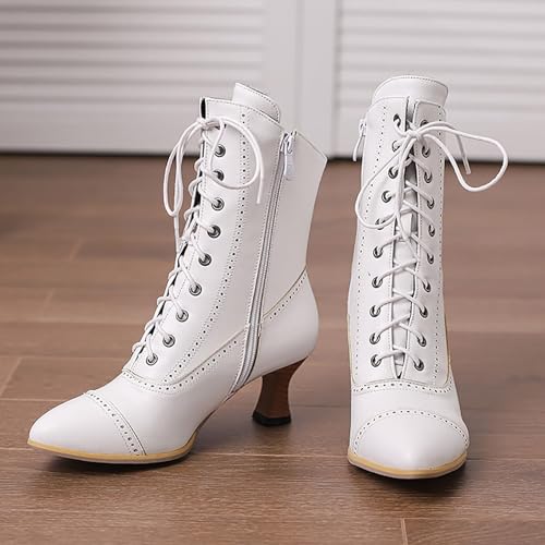 2025 Womens Short Ankle Boots, 70s Lace Up for Women Side Zipper Victorian Booties Closed Toe Block Chunky Mid Heel Shoes,Renaissance Boots for Women4