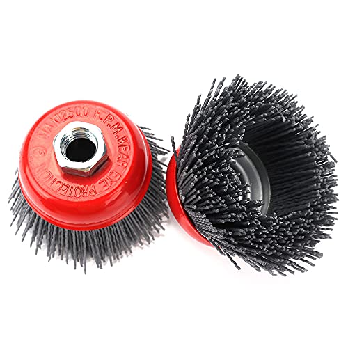 Image of SI FANG 3 inch Filament Nylon Bristle Abrasive Cup Brushes, 5 /8 inch-11 Nylon Wire Brush Wheel for Surface Prepping, Removal Rust Corrosion Paint, Furniture Polishing & Wood Carving Deburring (120 Grit)