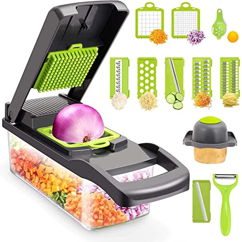 14 in 1multifunctional food chopper, veggie chopper with 8 blades, vegetable chopper, carrot and garlic chopper with container, pro onion chopper, kitchen vegetable slicer dicer cutter
