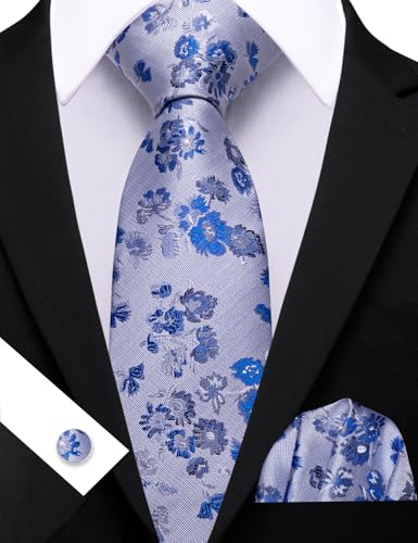 Image of Barry.Wang Light Blue Flower Ties for Men Silk Woven Floral Tie Sets Necktie Handkerchief Cufflinks Wedding Party