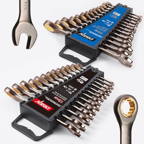 DISEN 26 Piece Ratcheting Wrenches Set 90 Teeth, Combination Wrenches Set Metric 6MM-19MM and SAE 1/4 Inch-13/16 Inch, Cr-V Steel, Fixed Head, Nickel Plating with Organizer
